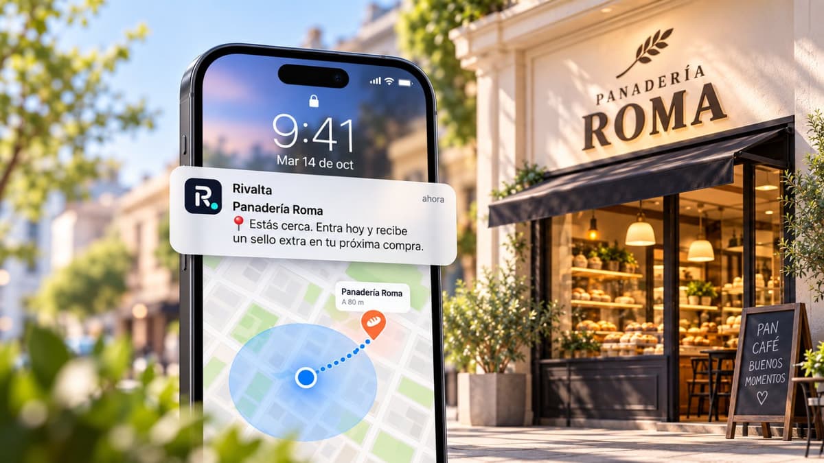 Aviso por cercanía de Rivalta: tarjeta de lealtad digital en Apple Wallet Notificación de Rivalta en la pantalla de bloqueo de un iPhone frente a Panadería Roma: «Estás cerca. Entra hoy y recibe un sello extra en tu próxima compra», con un mapa que marca el negocio a 80 metros
