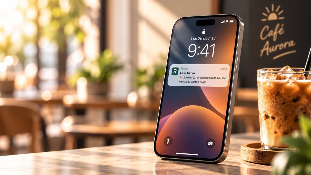 Promoción enviada con Rivalta a la tarjeta de lealtad digital de Café Aurora Notificación de Rivalta en la pantalla de bloqueo de un iPhone sobre la mesa de Café Aurora, junto a un café frío: «Solo hoy: 2x1 en bebidas frías de 4 a 7 PM. Muestra tu tarjeta al pagar»