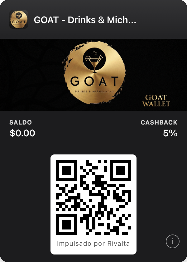 Tarjeta de cashback digital de GOAT Drinks & Micheladas en Apple Wallet: saldo y 5% de cashback